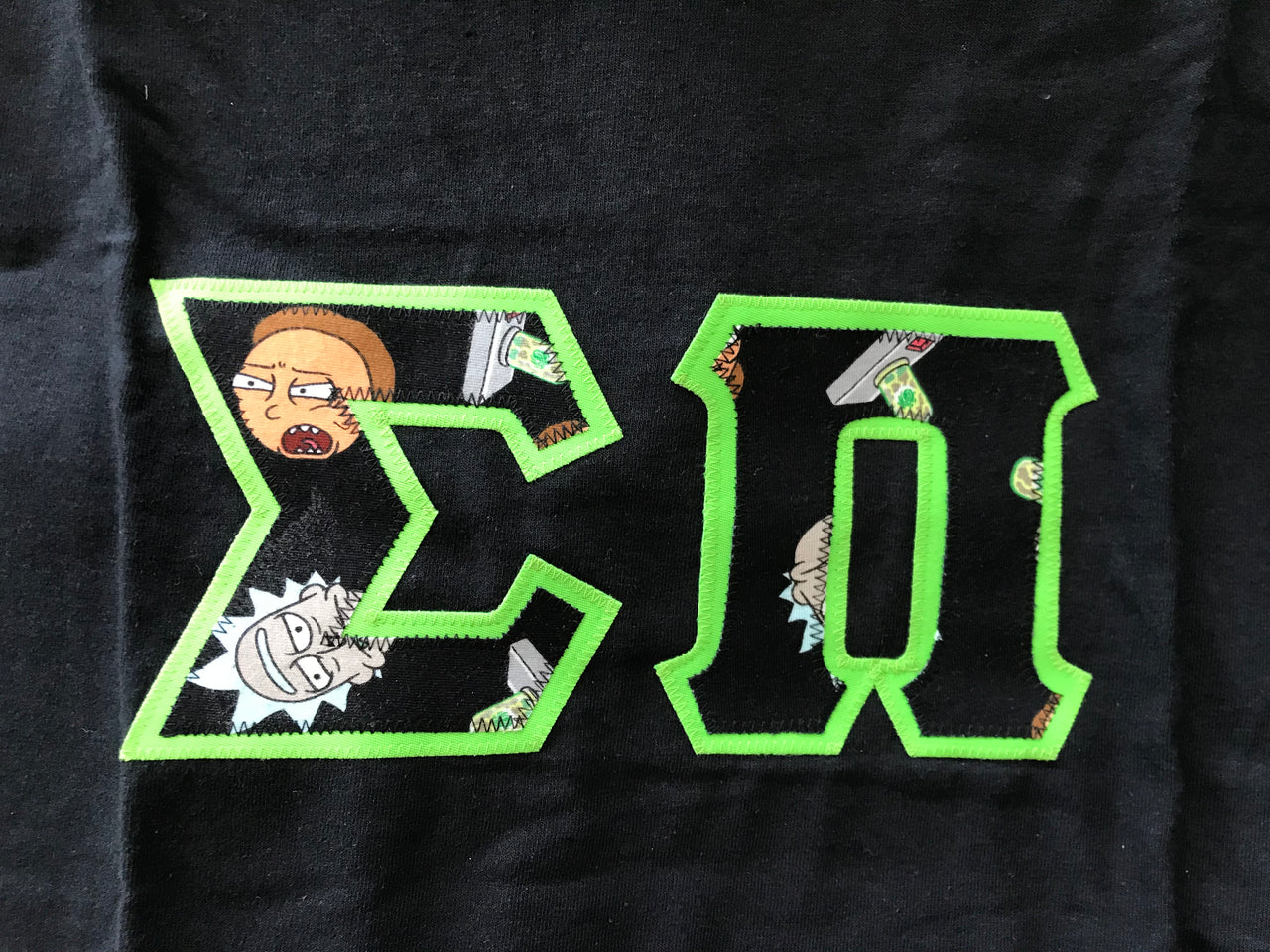 Sigma Pi Stitched Letter T-Shirt | Rick and Morty with Neon Green Border