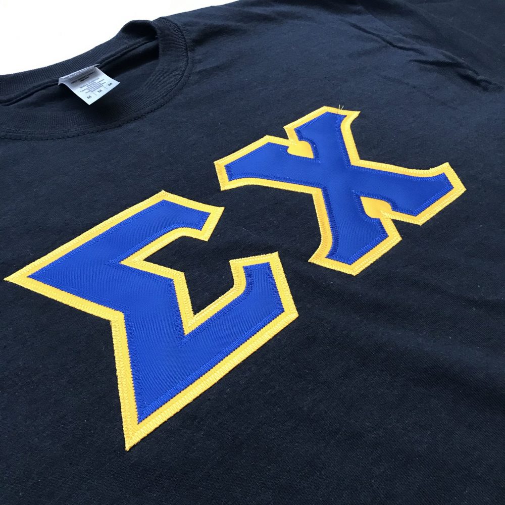 Sigma Chi Stitched Letter T-Shirt | Black | Dark Royal with Gold Border