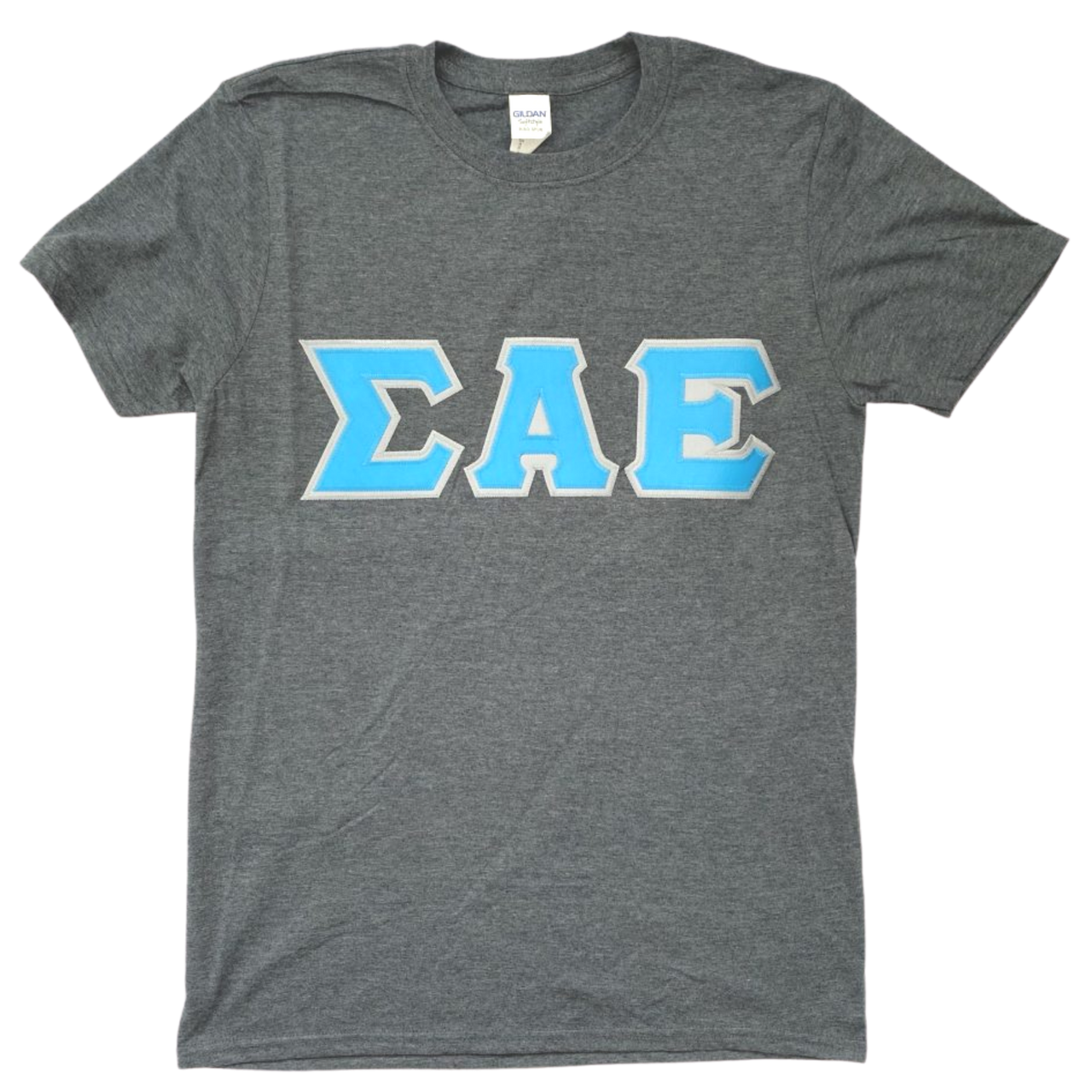 Sigma Alpha Epsilon Stitched Letter T-Shirt | Dark Heather | Cyan with Gray Border