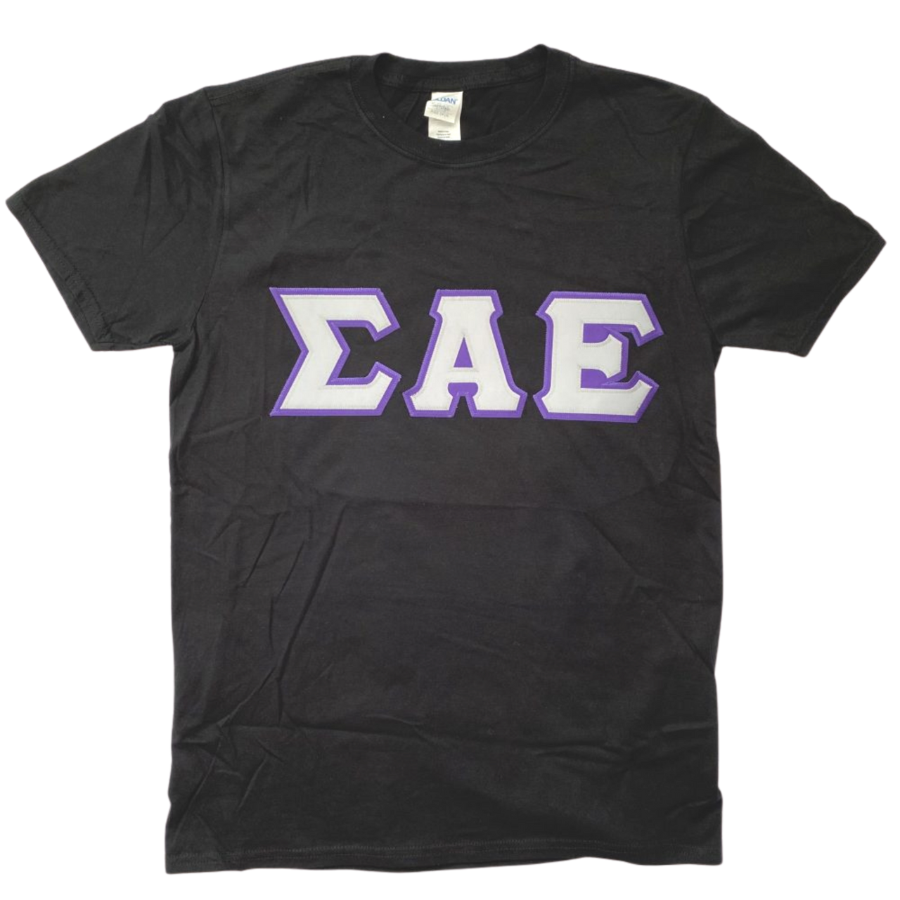 Sigma Alpha Epsilon Stitched Letter T-Shirt | Black | Grey with Purple Border