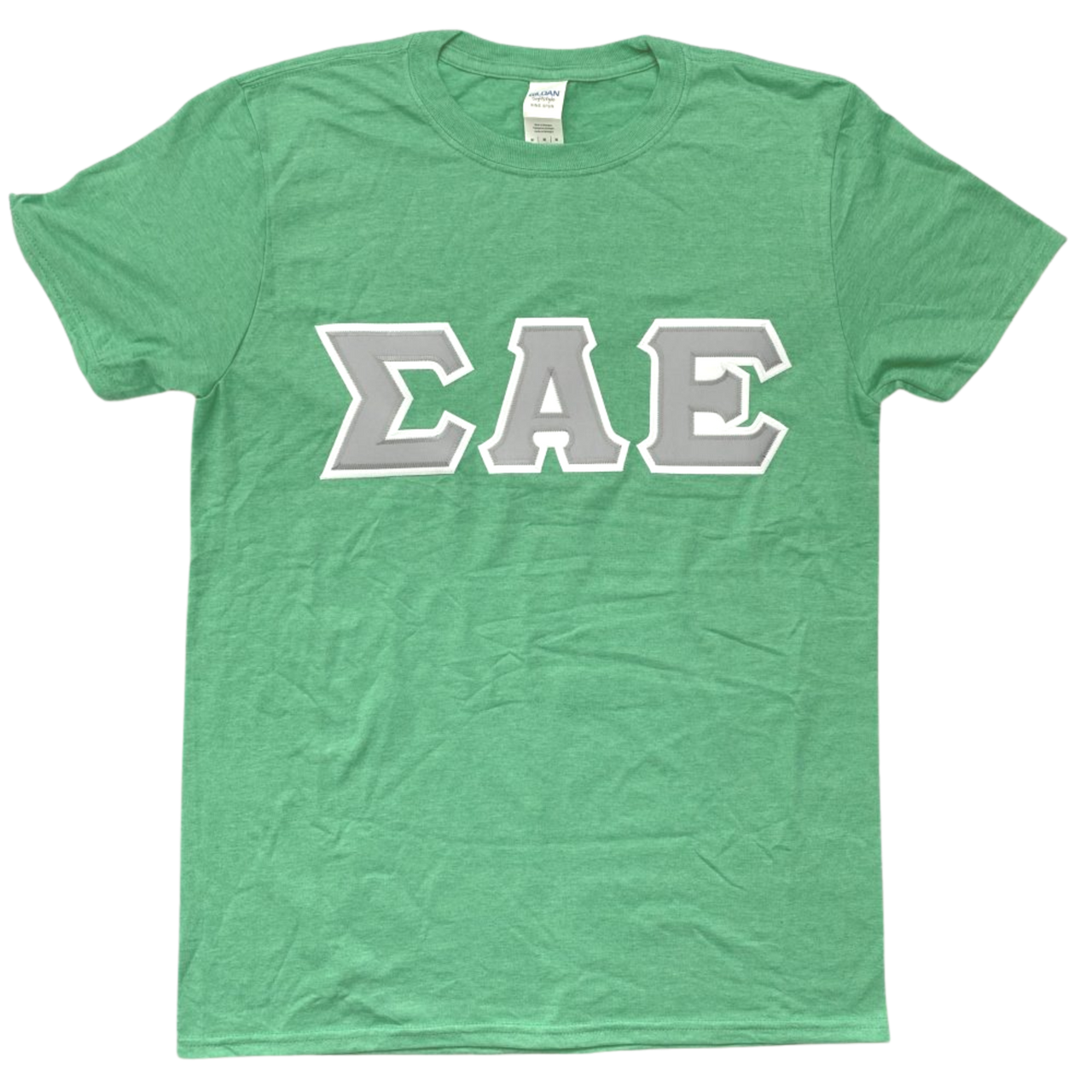 Sigma Alpha Epsilon Stitched Letter T-Shirt | Heather Irish Green | Gray with White Border