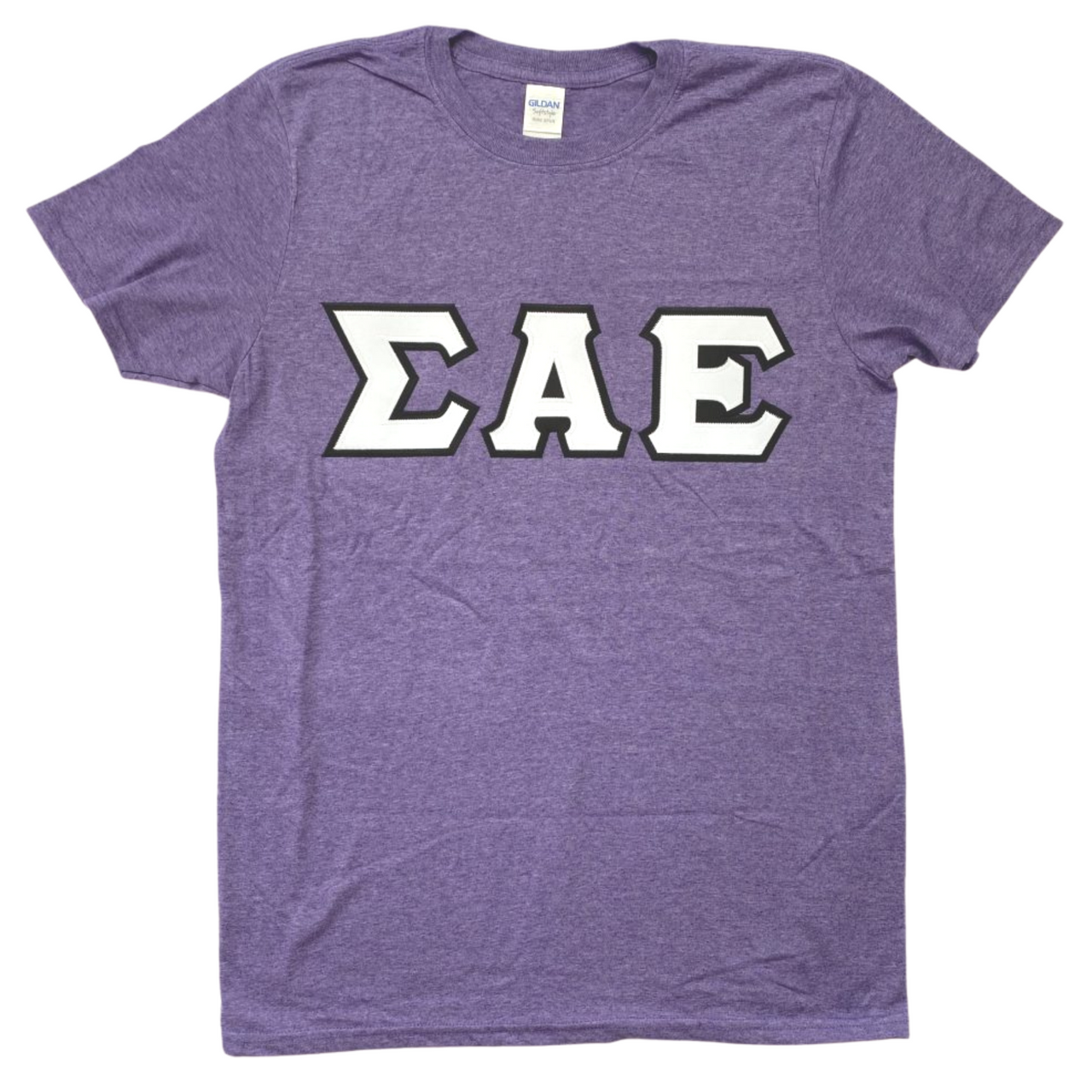 Sigma Alpha Epsilon Stitched Letter T-Shirt | Heather Purple | White with Black Border