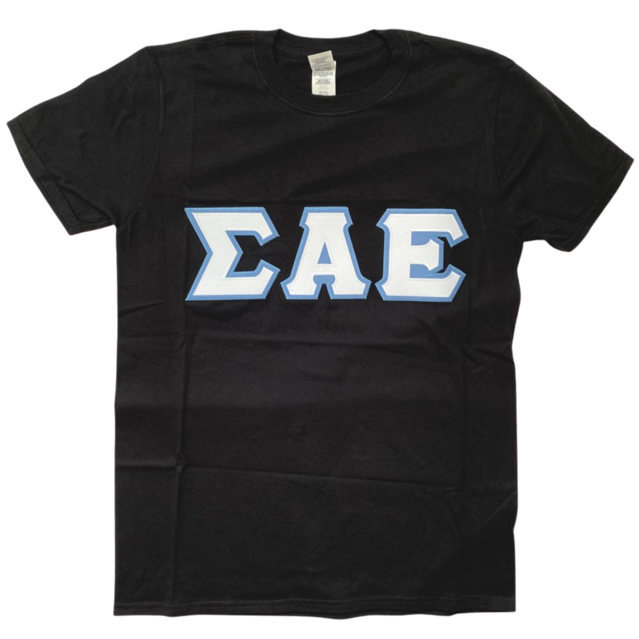 Sigma Alpha Epsilon Stitched Letter T-Shirt | Black | White with Columbia Blue Border