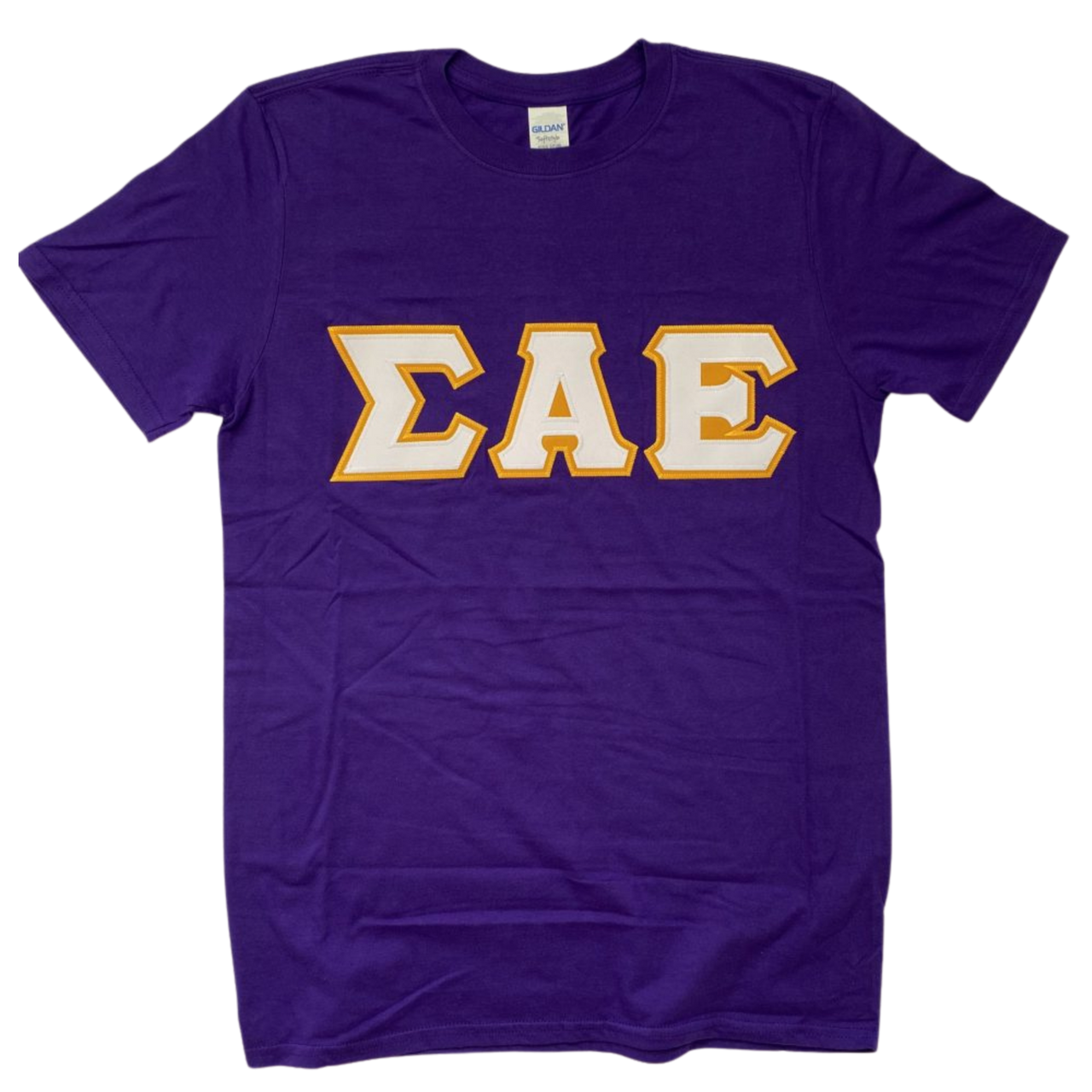 Sigma Alpha Epsilon Stitched Letter T-Shirt | Purple | White with Gold Border