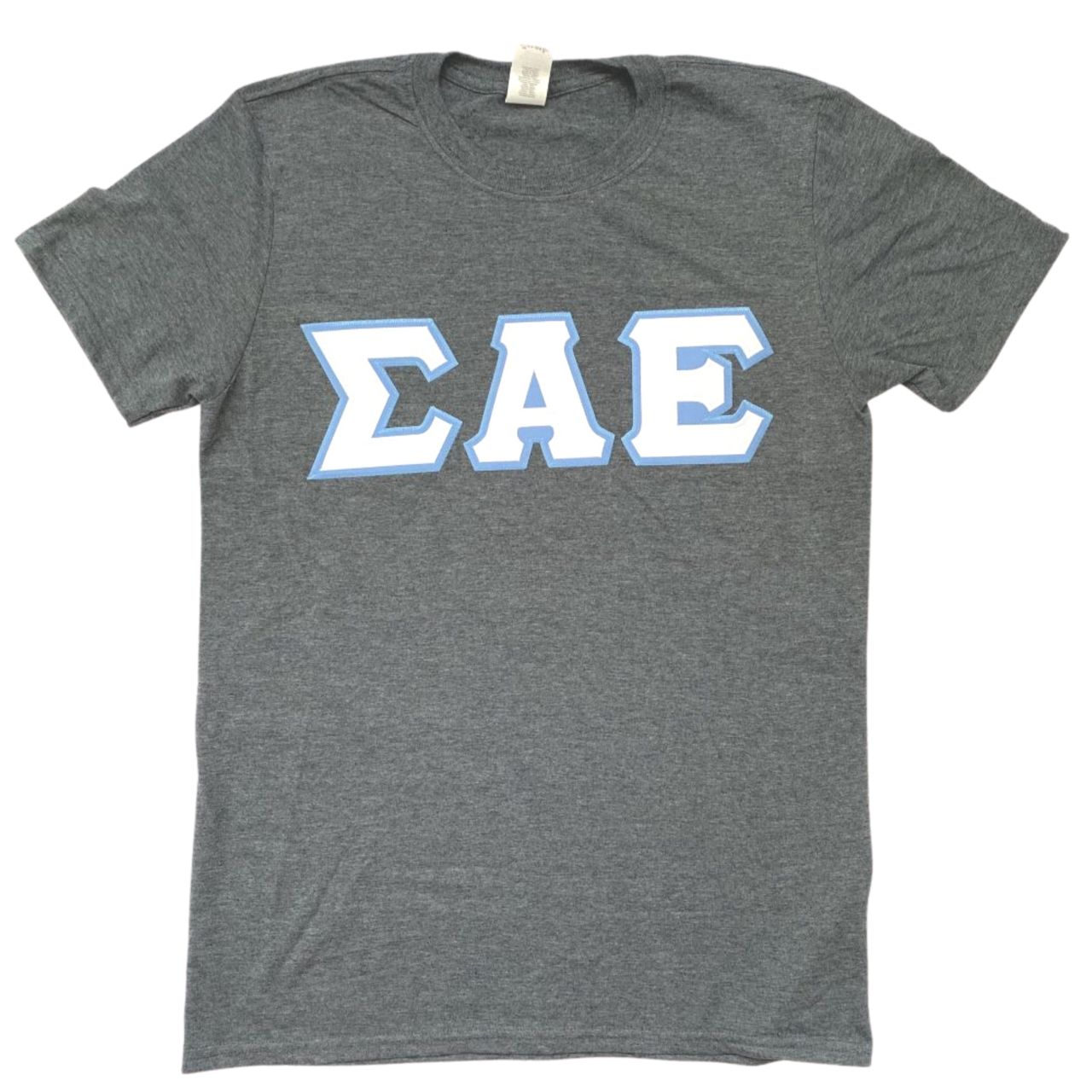 Sigma Alpha Epsilon Stitched Letter T-Shirt | Dark Heather | White with Columbia Blue Border