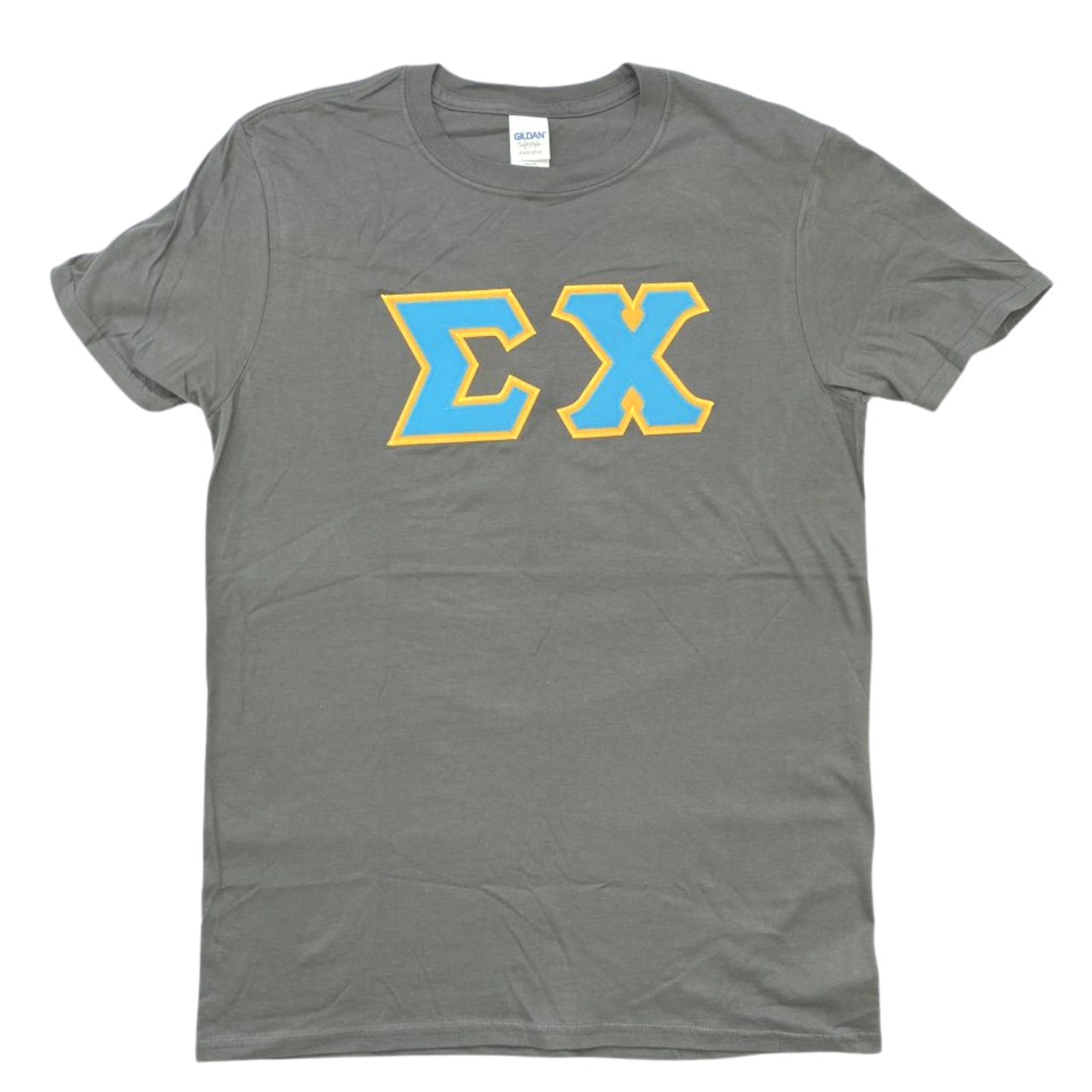 Sigma Chi Stitched Letter T-Shirt | Charcoal | Cyan with Gold Border