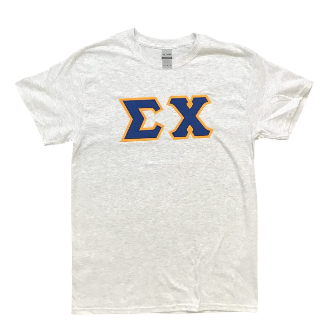 Sigma Chi Stitched Letter T-Shirt | Ash | Dark Royal with Gold Border