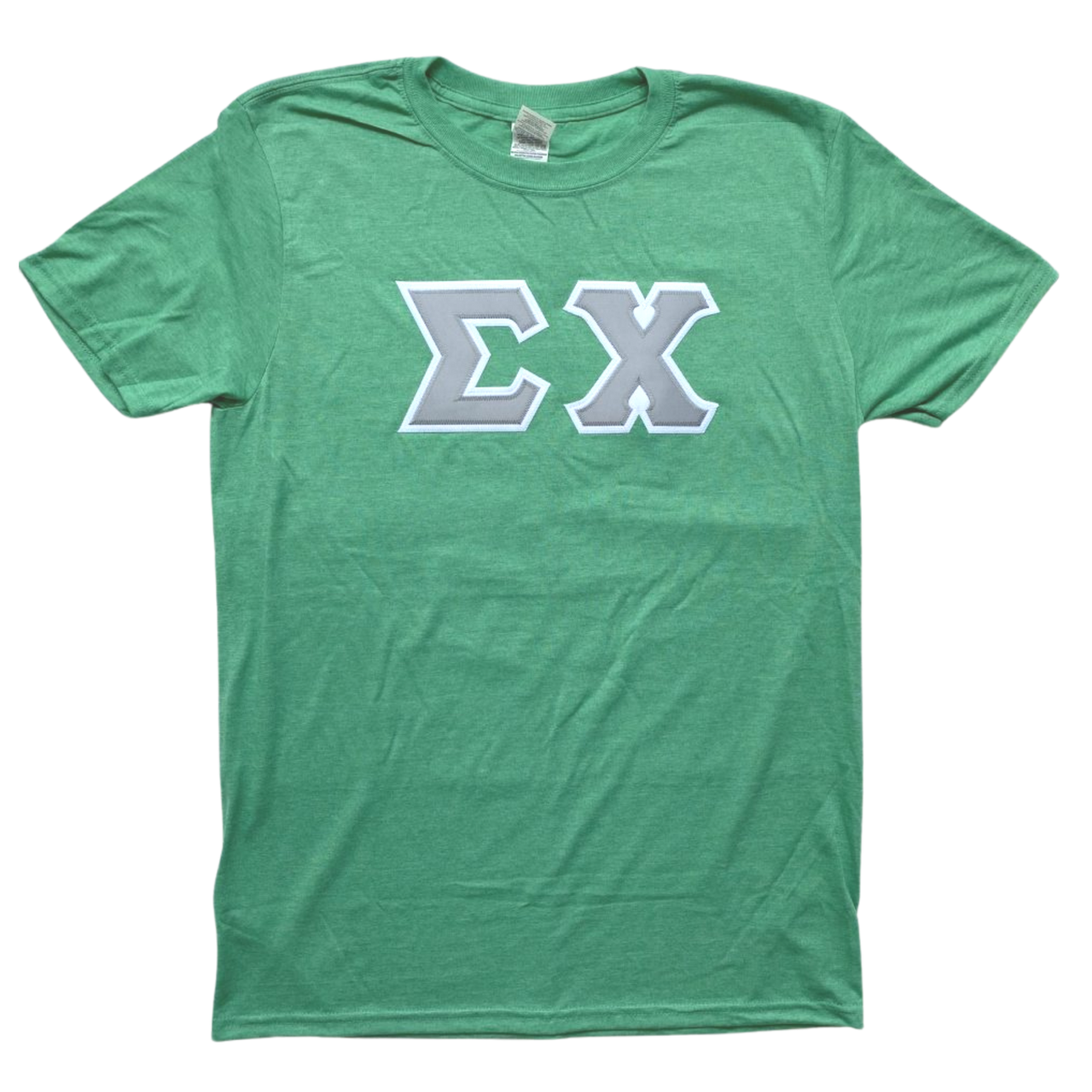 Sigma Chi Stitched Letter T-Shirt | Heather Irish Green | Gray with White Border