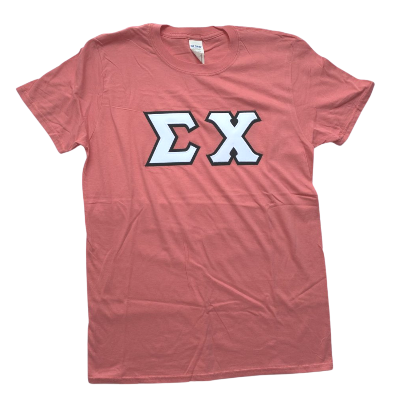 Sigma Chi Stitched Letter T-Shirt | Coral Silk | White with Black Border