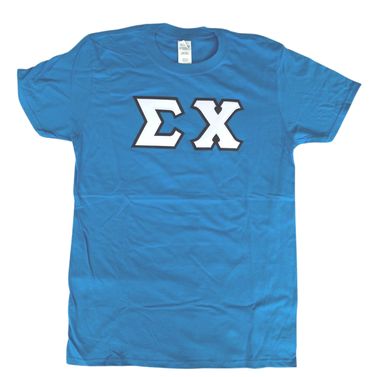 Sigma Chi Stitched Letter T-Shirt | Sapphire | White with Black Border