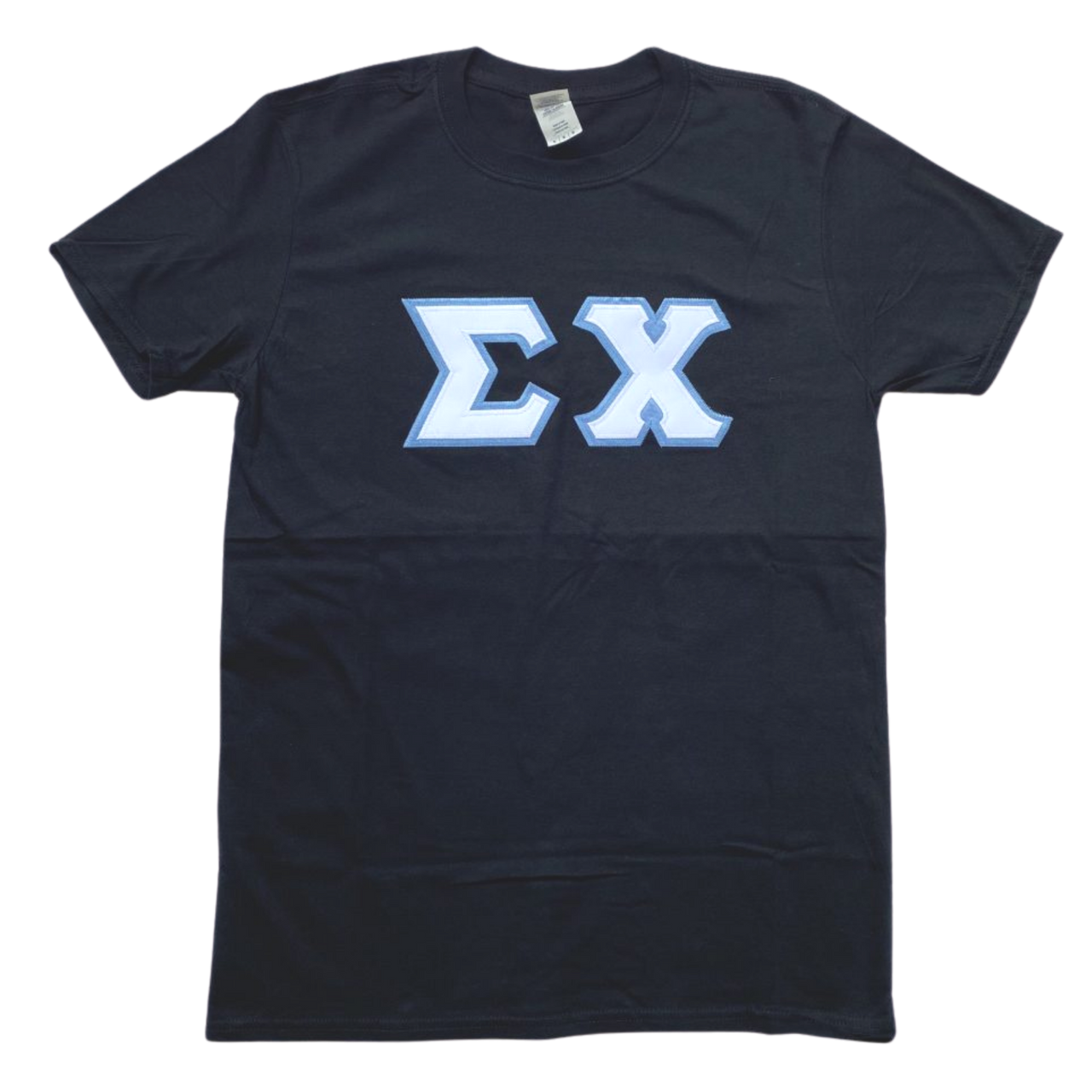 Sigma Chi Stitched Letter T-Shirt | Black | White with Columbia Blue Border