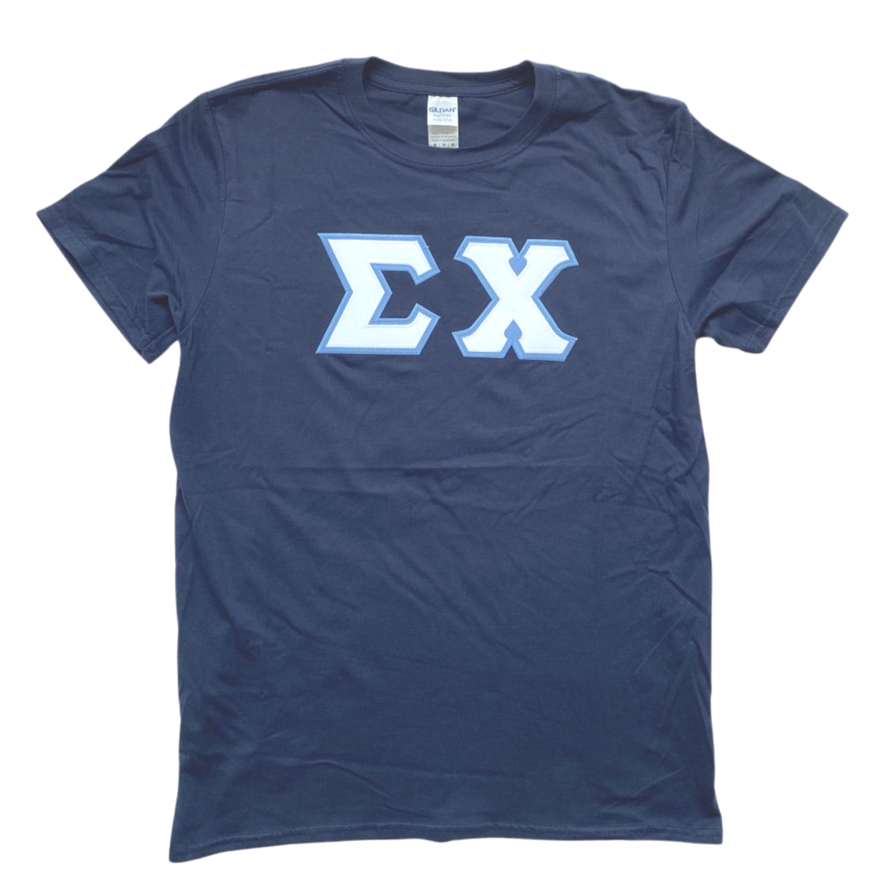 Sigma Chi Stitched Letter T-Shirt | Navy | White with Columbia Blue Border