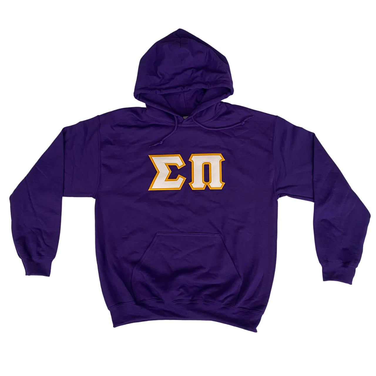 Sigma Pi Stitched Letter Hoodie | Purple | White with Gold Border