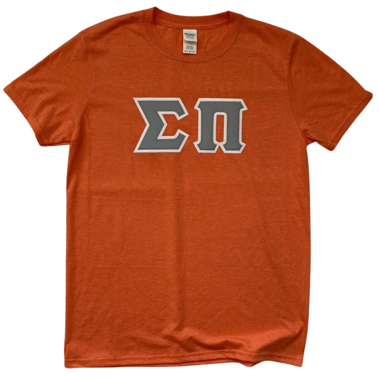 Sigma Pi Stitched Letter T-Shirt | Heather Orange| Gray Letters with White Border
