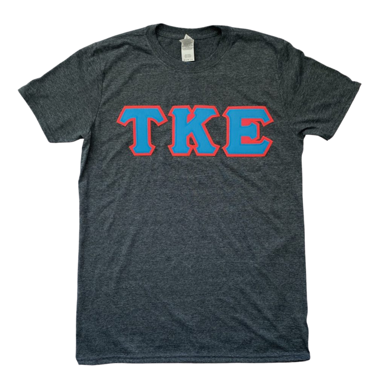 Tau Kappa Epsilon Stitched Letter T-Shirt | Dark Heather | Cyan with Pink Border