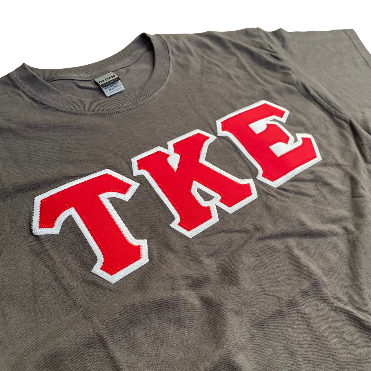 Tau Kappa Epsilon Stitched Letter T-Shirt | Charcoal | Red with White Border