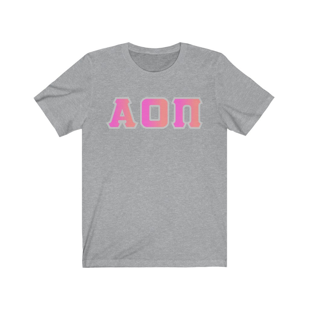 Alpha Omicron Pi Printed Letters | Bubble Gum with Grey Border T-Shirt