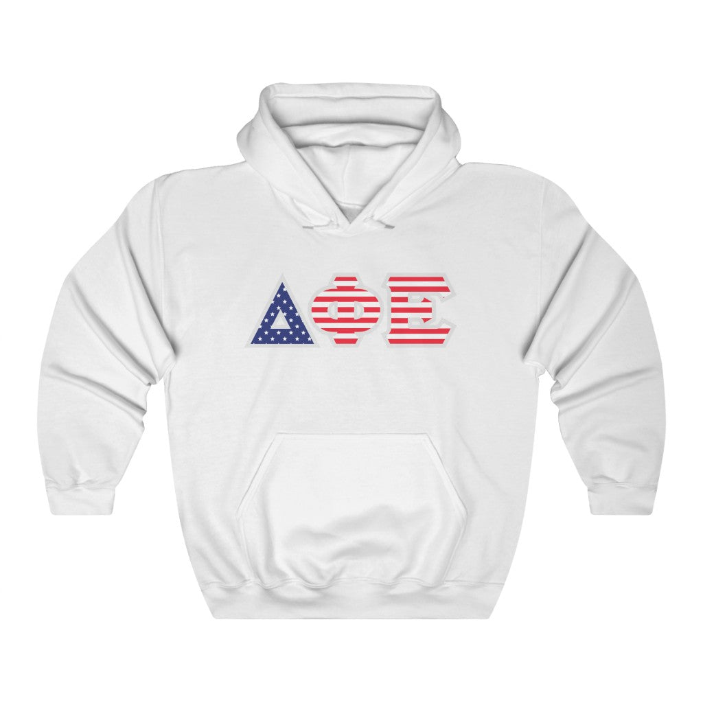 Delta Phi Epsilon Printed Letters | American Flag Pattern Hoodie