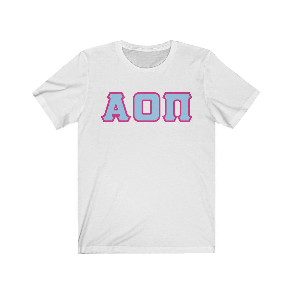 Alpha Omicron Pi Printed Letters | L Blue with Hot Pink Border T-Shirt