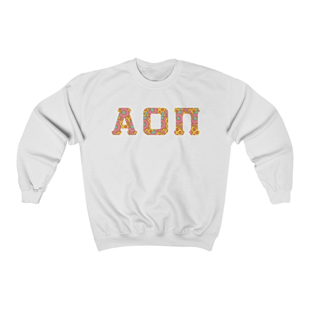 Alpha Omicron Pi Printed Letters | Pizza and Donuts Crewneck