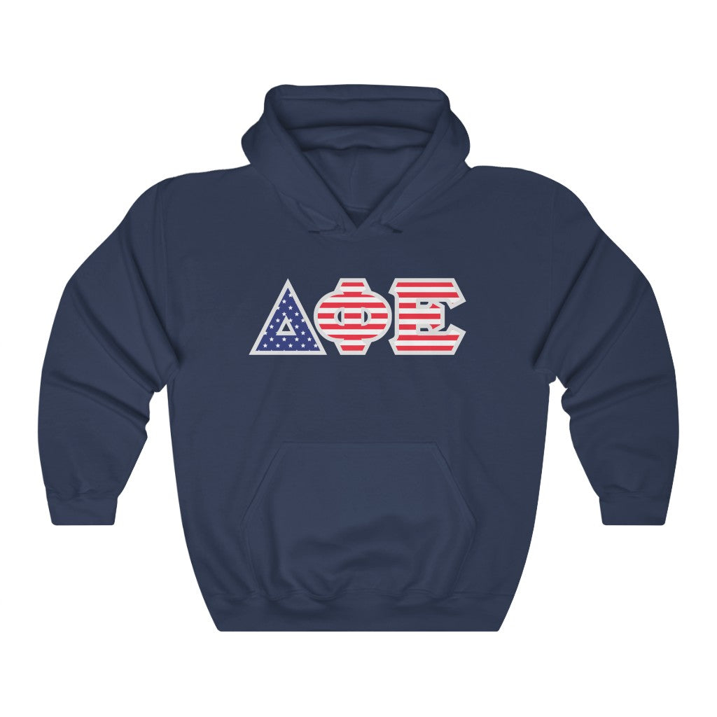 Delta Phi Epsilon Printed Letters | American Flag Pattern Hoodie