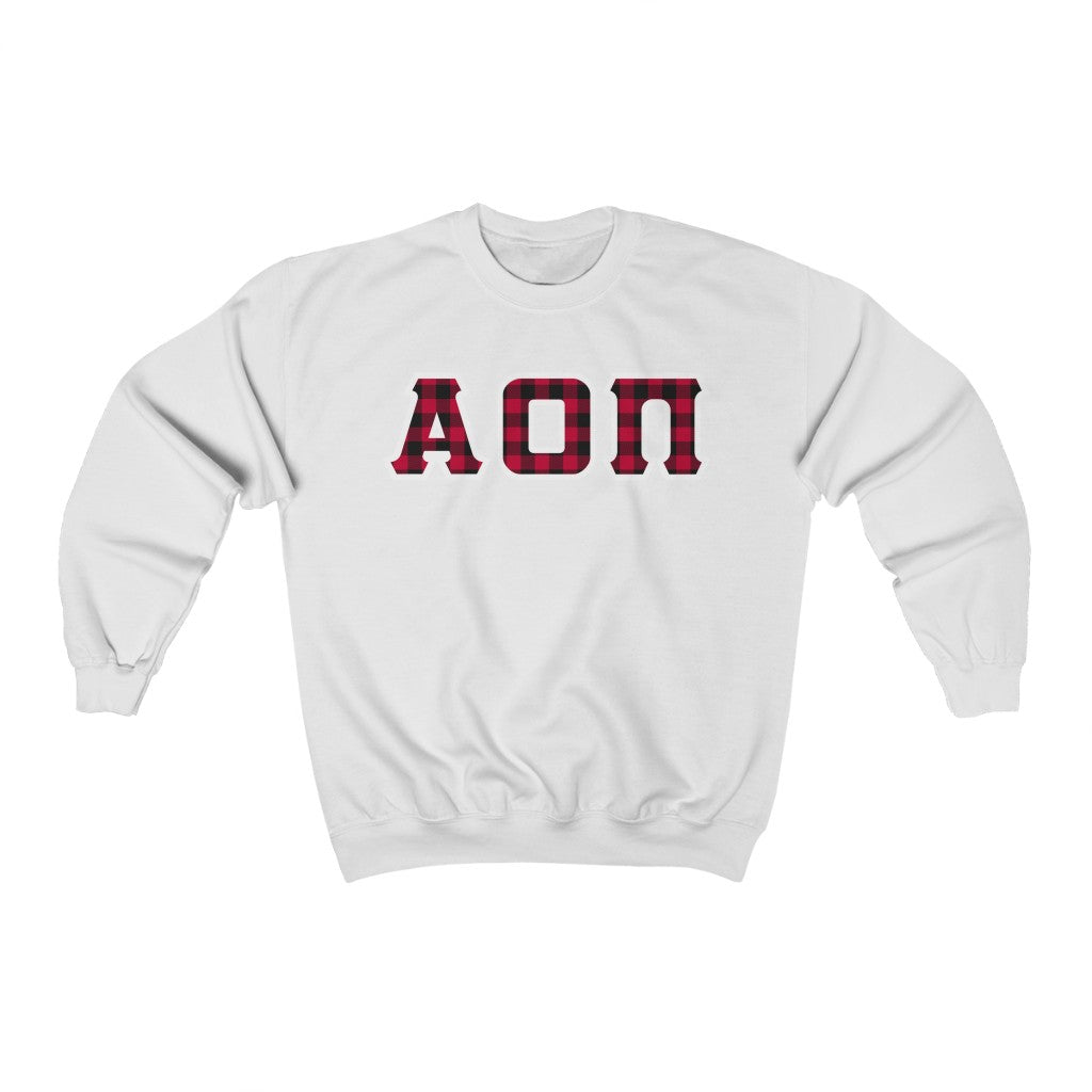 Alpha Omicron Pi Printed Letters | Buffalo Plaid Crewneck