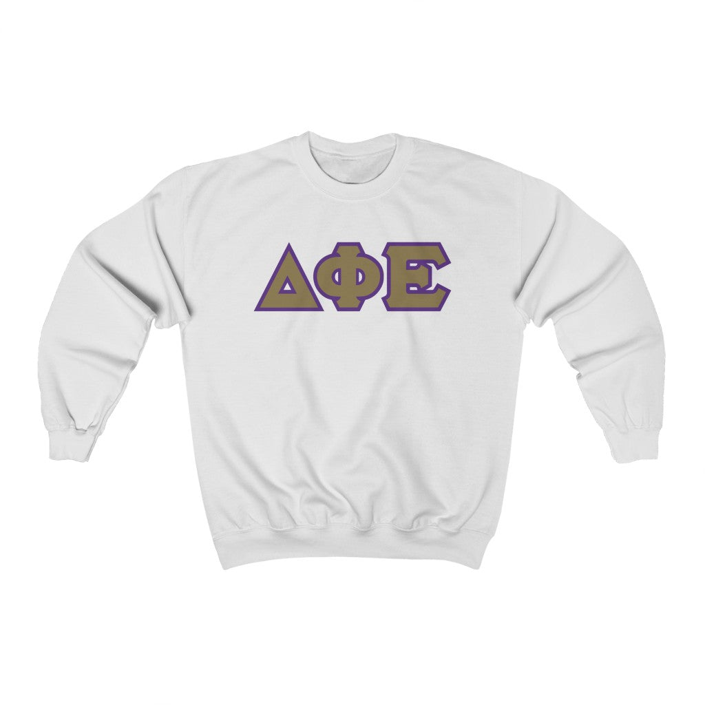 Delta Phi Epsilon Printed Letters | Gold with Purple Border Crewneck