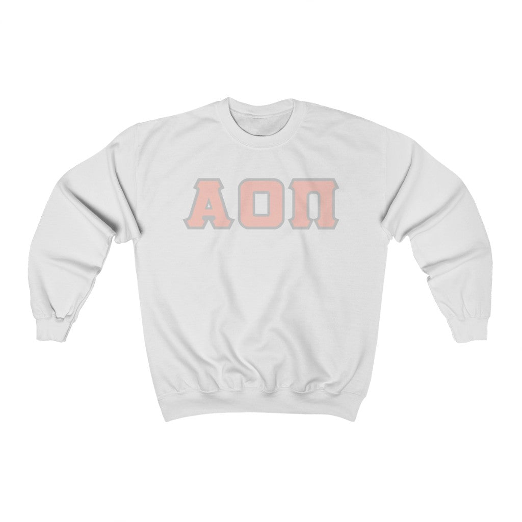 Alpha Omicron Pi Printed Letters | Peach with Grey Border Crewneck
