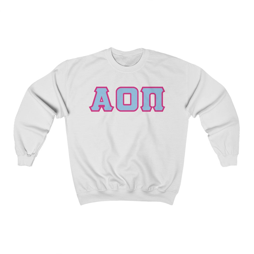 Alpha Omicron Pi Printed Letters | L Blue with Hot Pink Border Crewneck