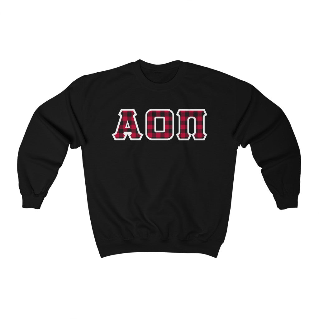 Alpha Omicron Pi Printed Letters | Buffalo Plaid Crewneck