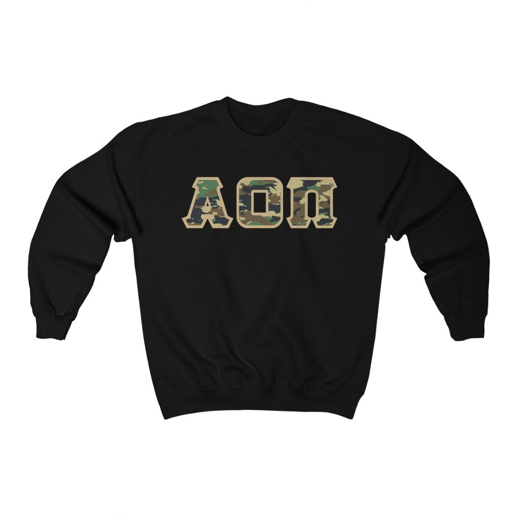 Alpha Omicron Pi Printed Letters | Camouflage Crewneck