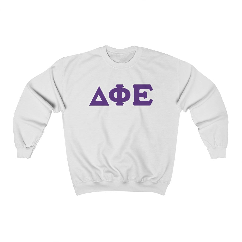 Delta Phi Epsilon Printed Letters | Purple with White Border Crewneck