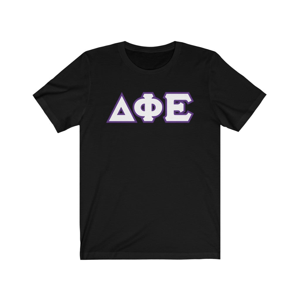 Delta Phi Epsilon Printed Letters | White with Purple Border T-Shirt