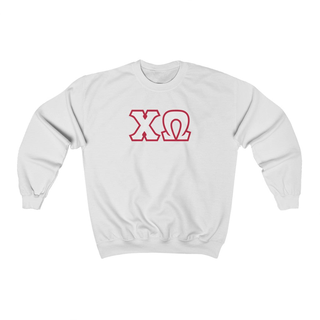 Chi Omega Print Letters | White & Cardinal Border Crewneck