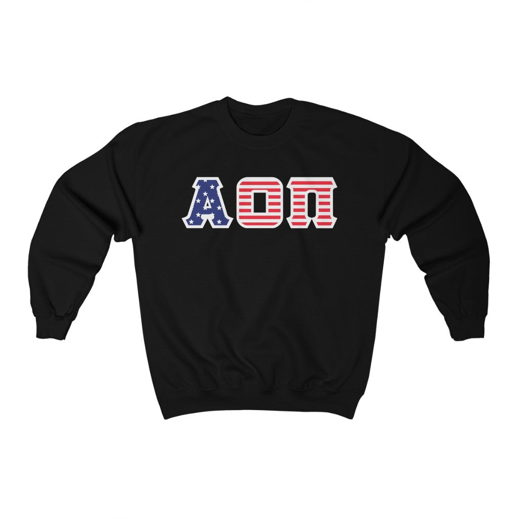 Alpha Omicron Pi Printed Letters | American Flag Pattern Crewneck