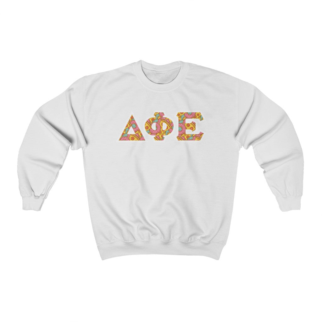 Delta Phi Epsilon Printed Letters | Pizza and Donuts Crewneck