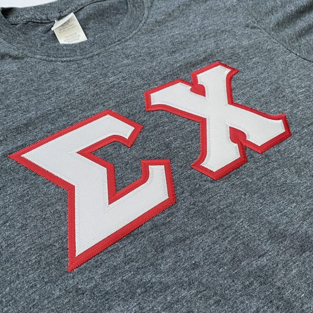 Sigma Chi Stitched Letter T-Shirt | Dark Heather | Gray with Burgundy Border