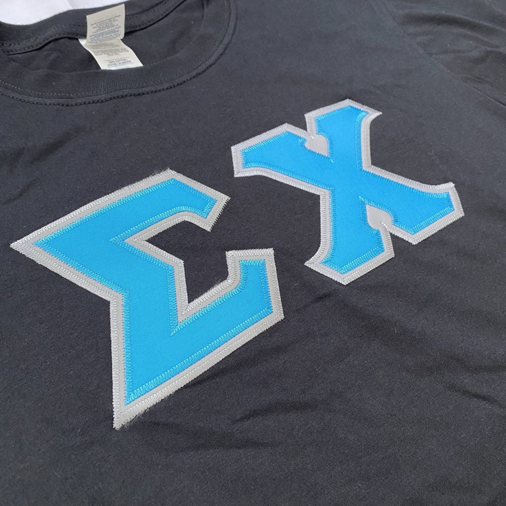 Sigma Chi Stitched Letter T-Shirt | Black | Cyan with Gray Border