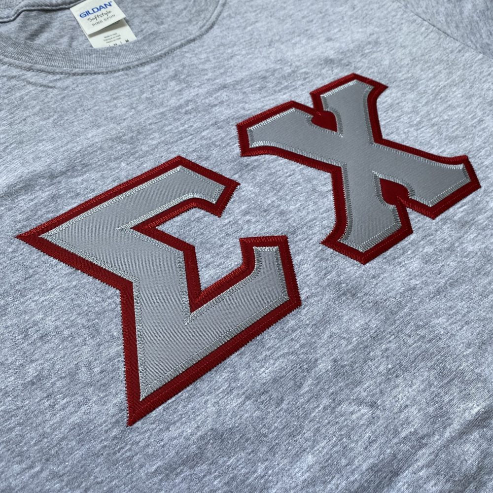Sigma Chi Stitched Letter T-Shirt | Sport Grey | Gray with Burgundy Border