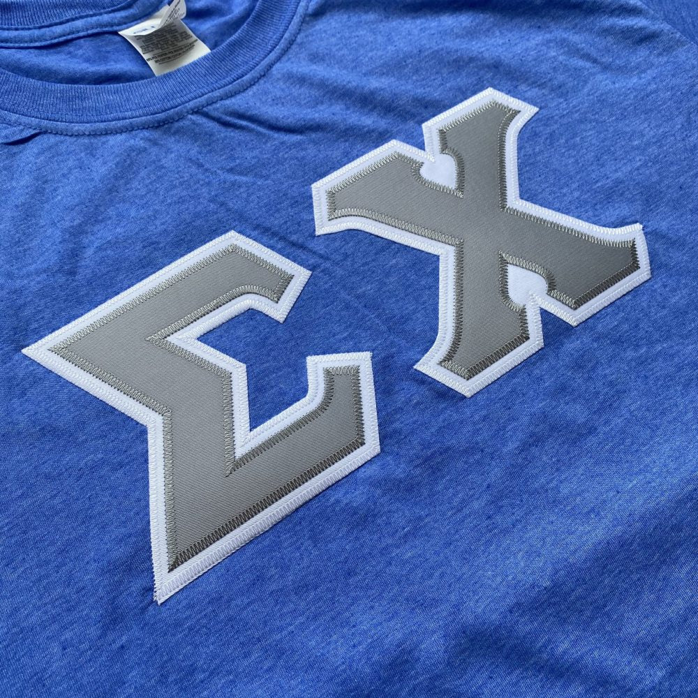 Sigma Chi Stitched Letter T-Shirt | Heather Royal | Gray with White Border