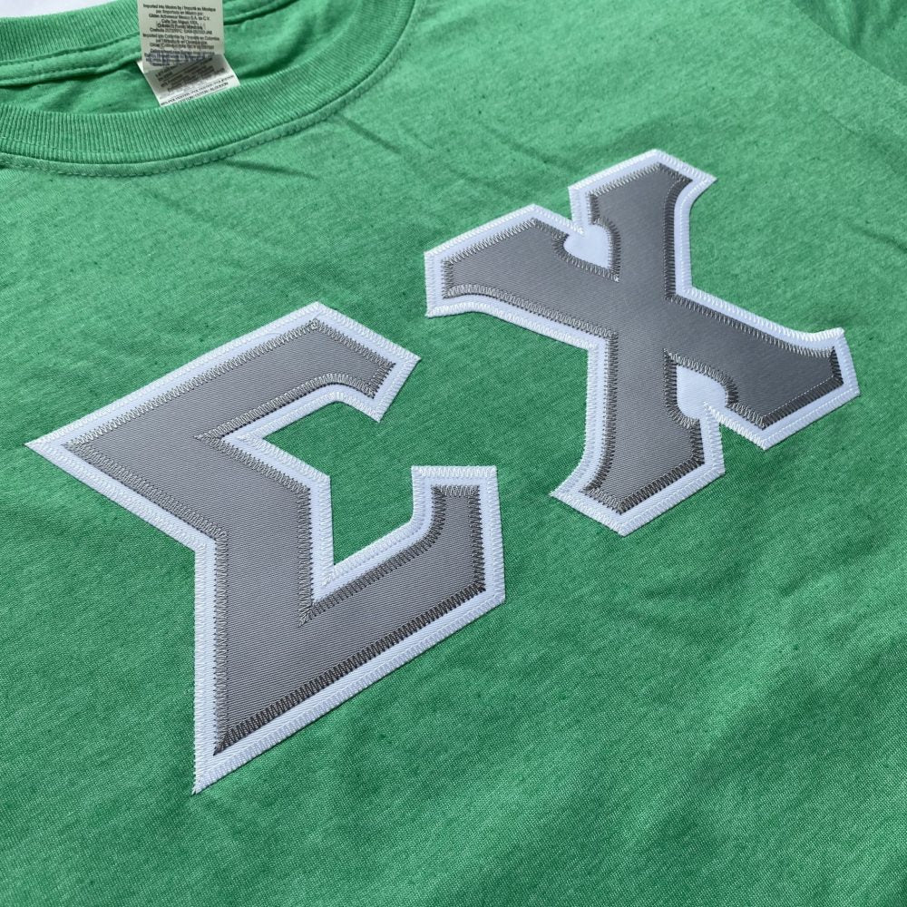Sigma Chi Stitched Letter T-Shirt | Heather Irish Green | Gray with White Border