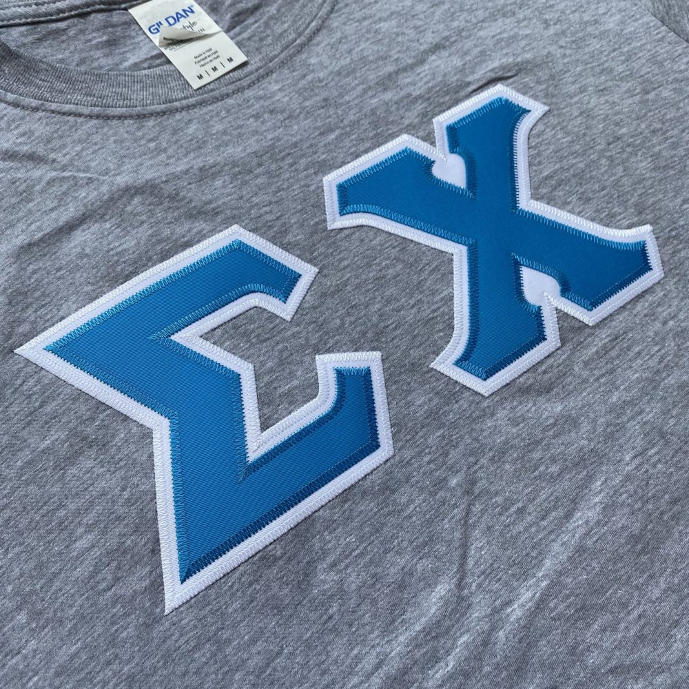 Sigma Chi Stitched Letter T-Shirt | Sport Grey | Cyan with White Border