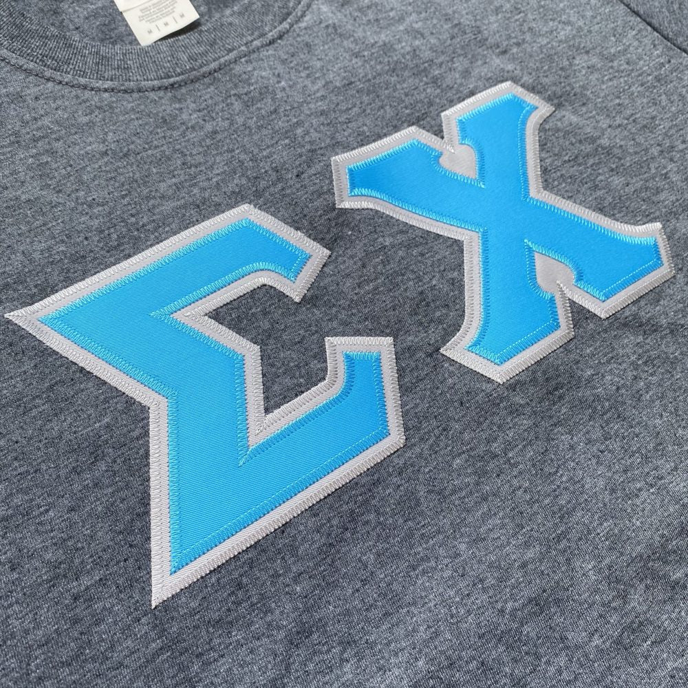 Sigma Chi Stitched Letter T-Shirt | Dark Heather | Cyan with Gray Border