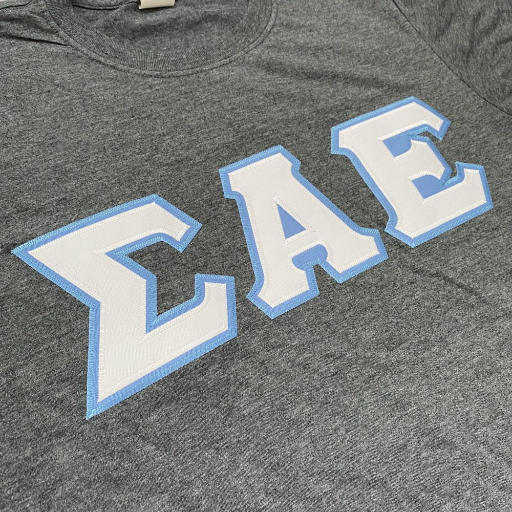 Sigma Alpha Epsilon Stitched Letter T-Shirt | Dark Heather | White with Columbia Blue Border