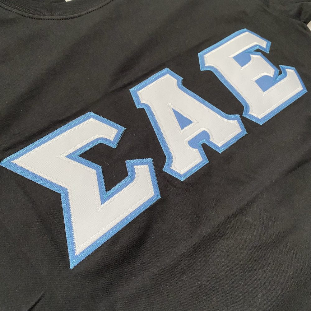Sigma Alpha Epsilon Stitched Letter T-Shirt | Black | White with Columbia Blue Border