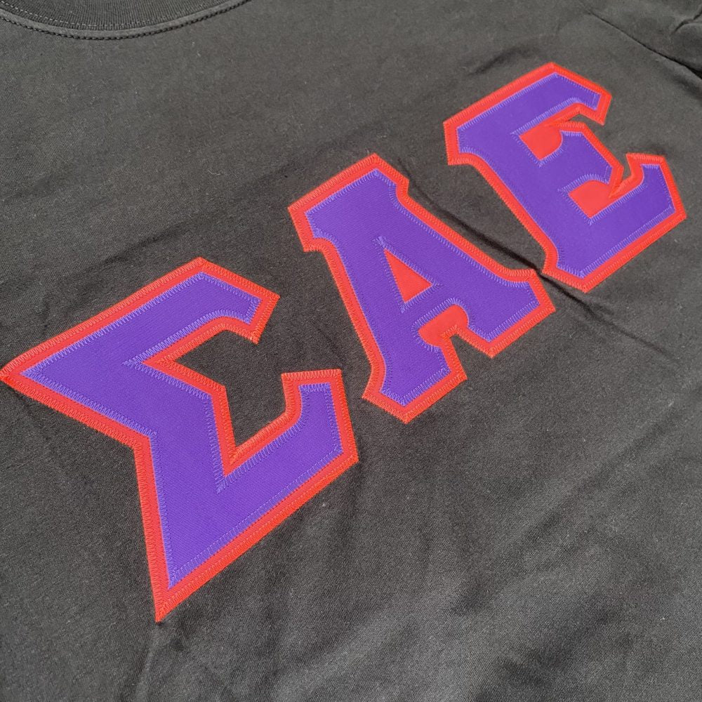 Sigma Alpha Epsilon Stitched Letter T-Shirt | Black | Purple with Pink Border