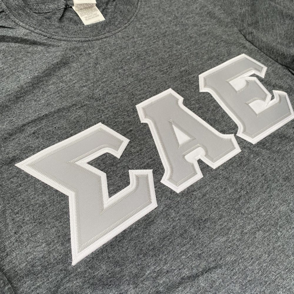Sigma Alpha Epsilon Stitched Letter T-Shirt | Dark Heather | Gray with White Border