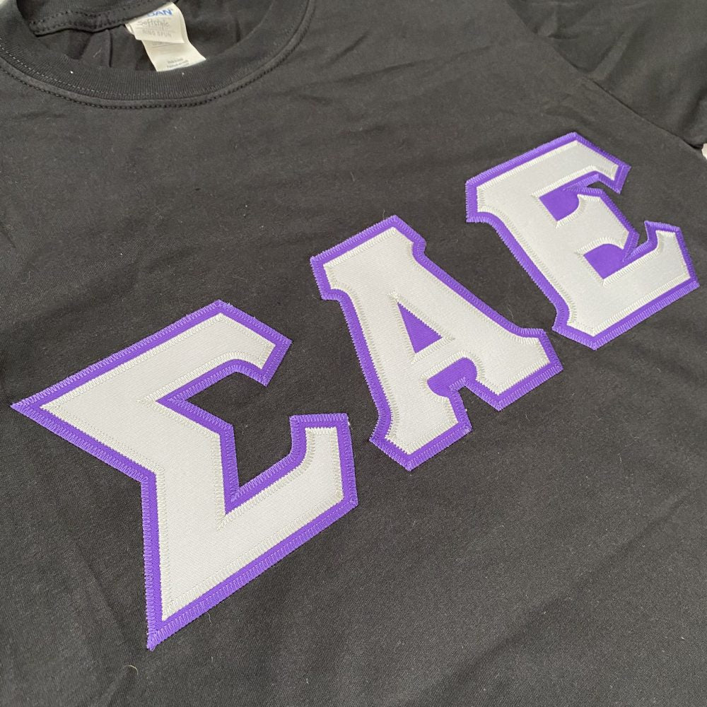 Sigma Alpha Epsilon Stitched Letter T-Shirt | Black | Grey with Purple Border