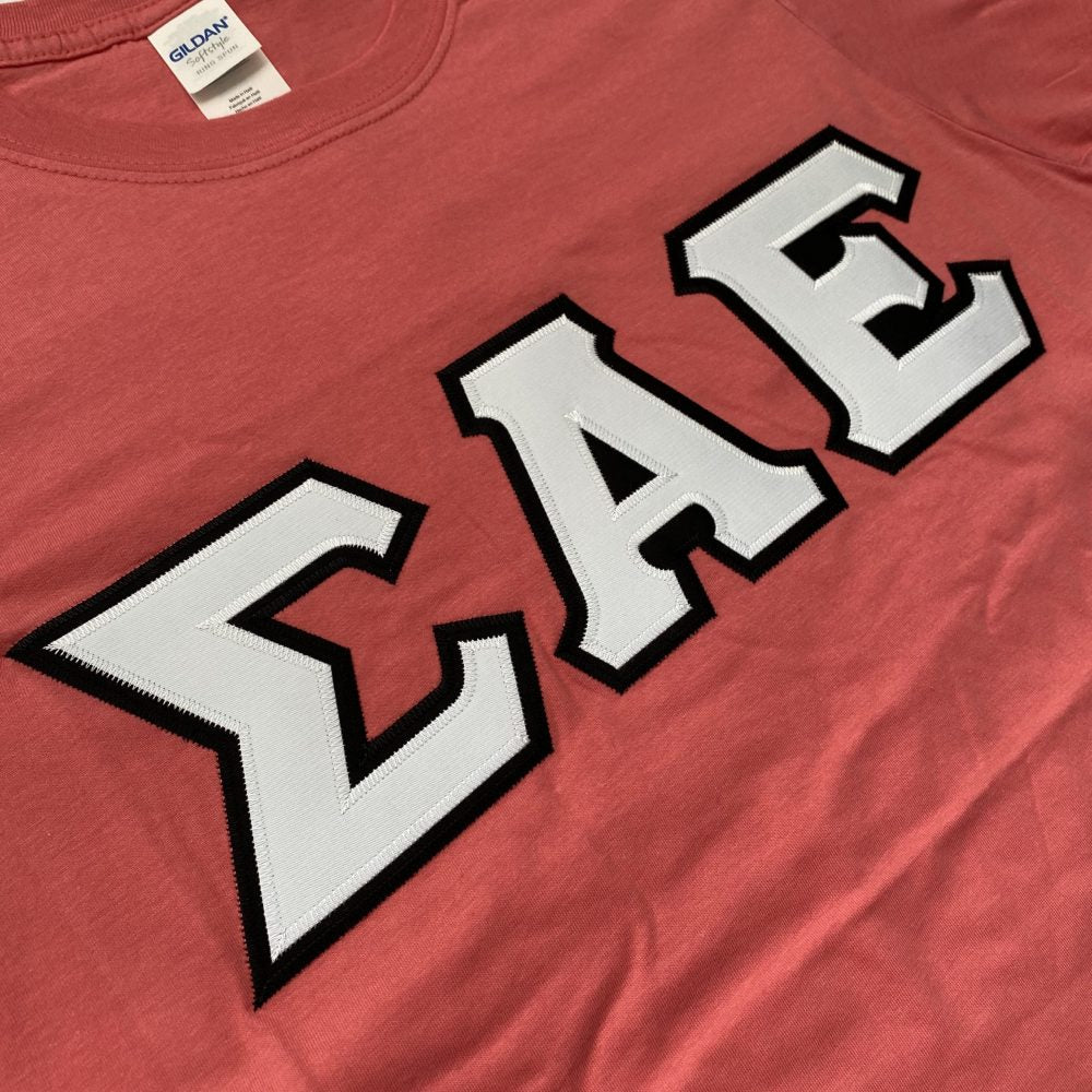 Sigma Alpha Epsilon Stitched Letter T-Shirt | Coral Silk | White with Black Border