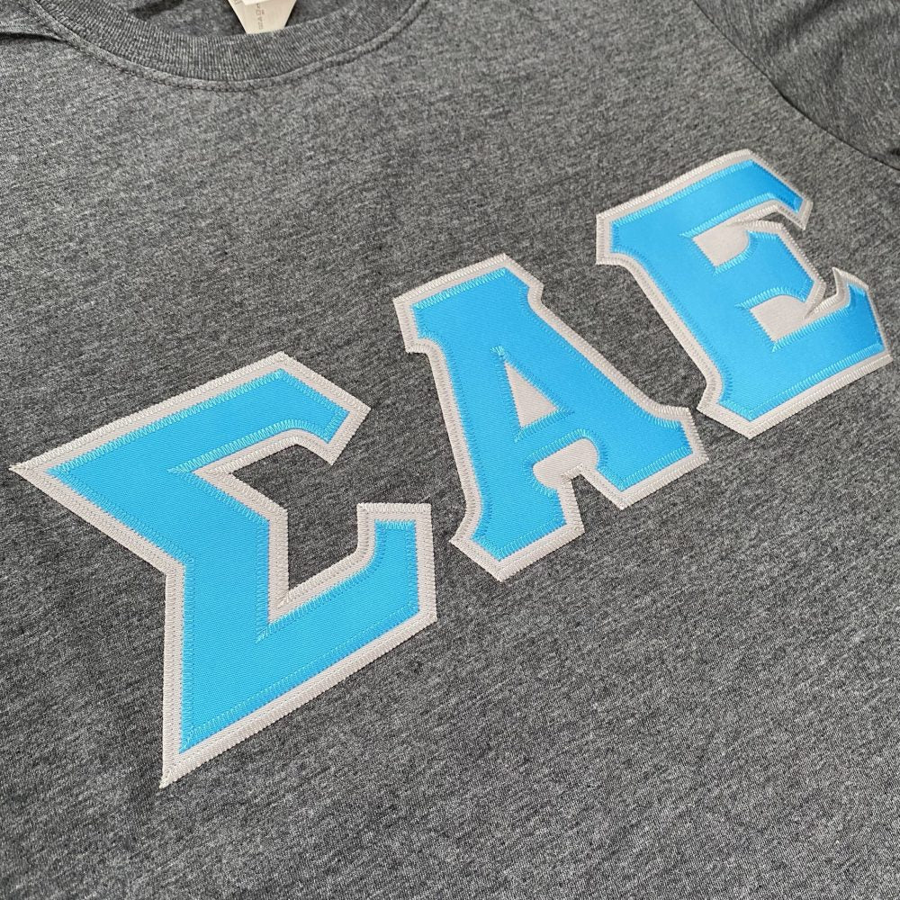 Sigma Alpha Epsilon Stitched Letter T-Shirt | Dark Heather | Cyan with Gray Border